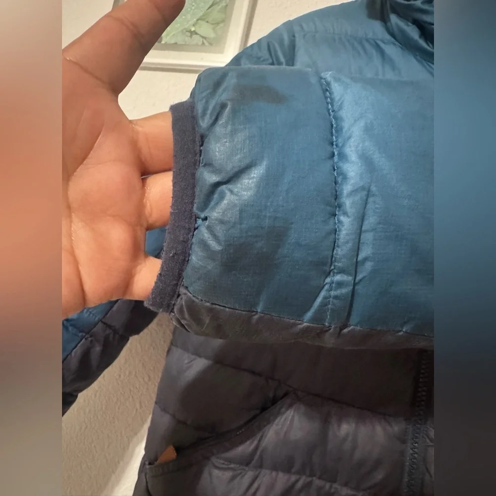 Patagonia Blue and Brown Puffer Jacket with Geometric Design